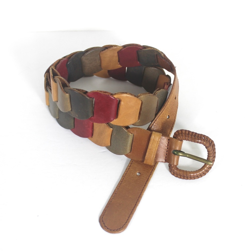 Vintage Multicolour Leather Link Belt Faded Colours Red Tan Green Blue Woven